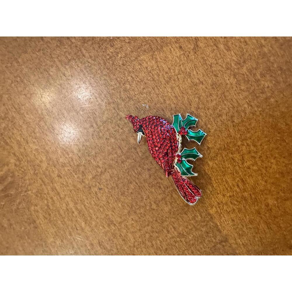 Red Cardinal Bird Brooch with Green Holly Leaves